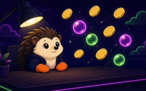 Comic hedgehog in mittens at a news desk with blank floating coins