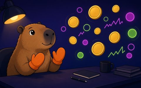 Comic capybara in mittens at a news desk with blank gold coins and a lamp. No text.