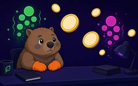 Comic wombat mascot with orange mittens at a news desk with blank unmarked coins. No text.