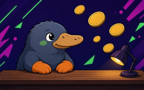 Comic platypus at a news desk with blank unmarked coins. AI-generated illustration, no text.