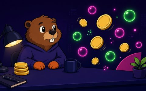 Comic beaver mascot with mittens at a news desk, blank coins, no text