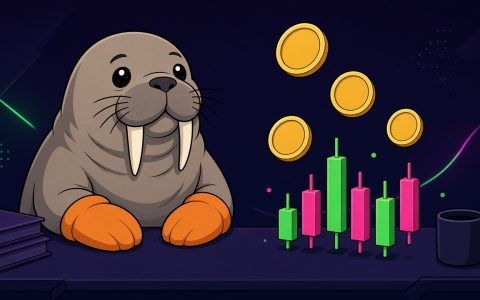 Comic walrus in orange mittens at a news desk with blank gold coins and candlesticks