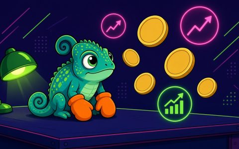Comic chameleon in mittens watching blank gold coins on a news desk