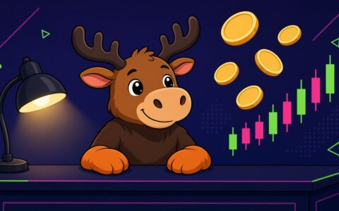 Comic moose mascot in orange mittens at a news desk with blank gold coins and a lamp. AI-generated illustration with no text.