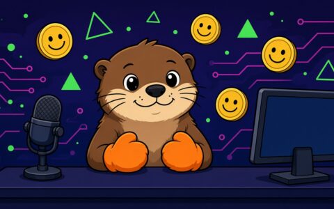 Comic otter with orange mittens at a news desk beside blank gold coins. AI-generated illustration with no text.