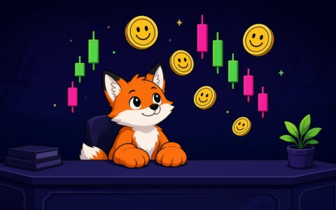Comic fox mascot at a news desk with blank smiley coins and candlesticks, no text