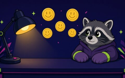 Comic raccoon at a news desk with blank smiley coins. No text.