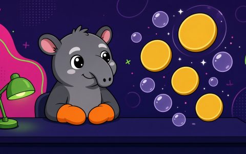Comic tapir with orange mittens at a news desk beside blank gold coins. No text.