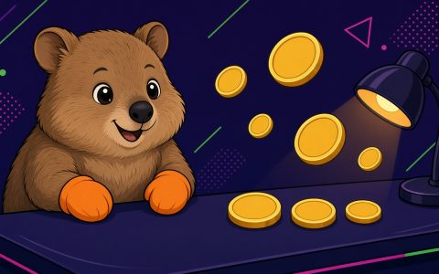 Comic quokka in orange mittens at a news desk with blank unmarked coins and a lamp