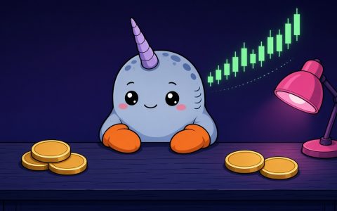Comic narwhal at a news desk with blank coins
