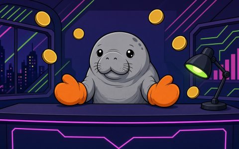 Comic manatee news-desk mascot with orange mittens and blank coins