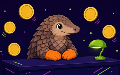 Comic pangolin with orange mittens and blank coins at a news desk