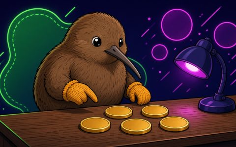Comic kiwi bird with mittens beside blank gold coins on a desk
