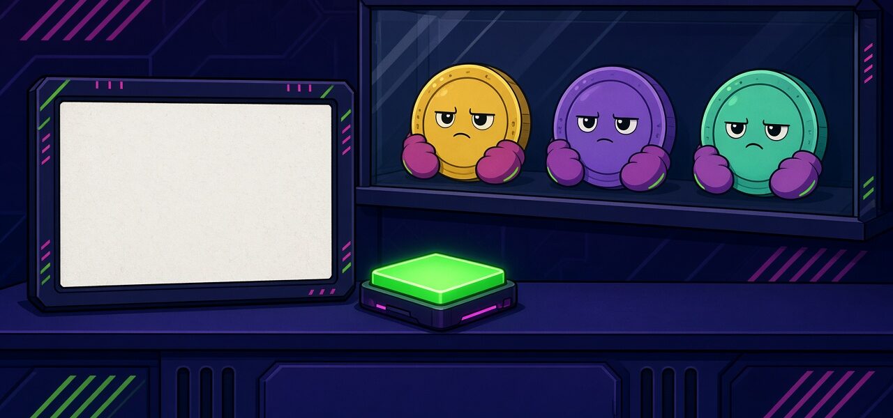 Comic illustration of three mittened coin creatures behind glass beside a blank listing screen