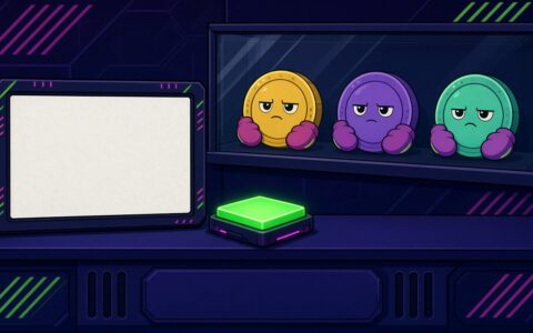 Comic illustration of three mittened coin creatures behind glass beside a blank listing screen