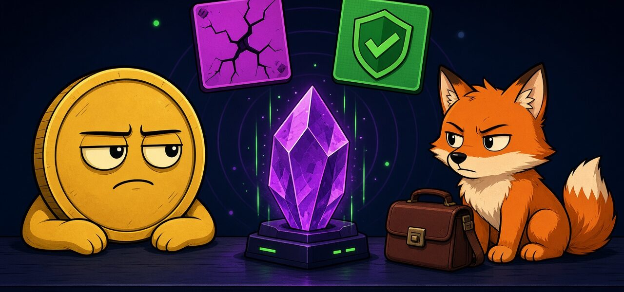 Comic gold coin mascot and fox beside a crystal server with a cracked card and a green shield card