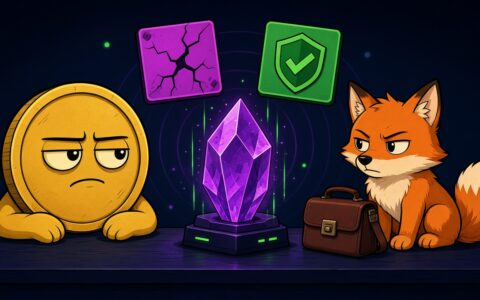 Comic gold coin mascot and fox beside a crystal server with a cracked card and a green shield card