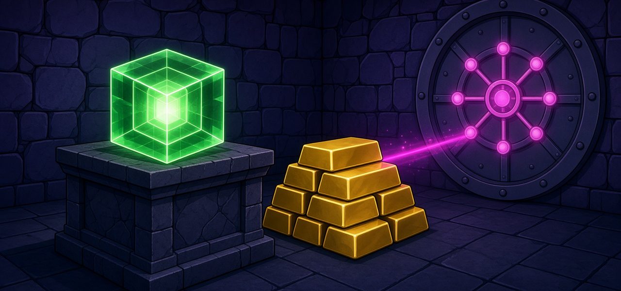 Comic vault with a glowing cube beside unmarked gold bars and a magenta node diagram on a door. No people.