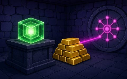 Comic vault with a glowing cube beside unmarked gold bars and a magenta node diagram on a door. No people.