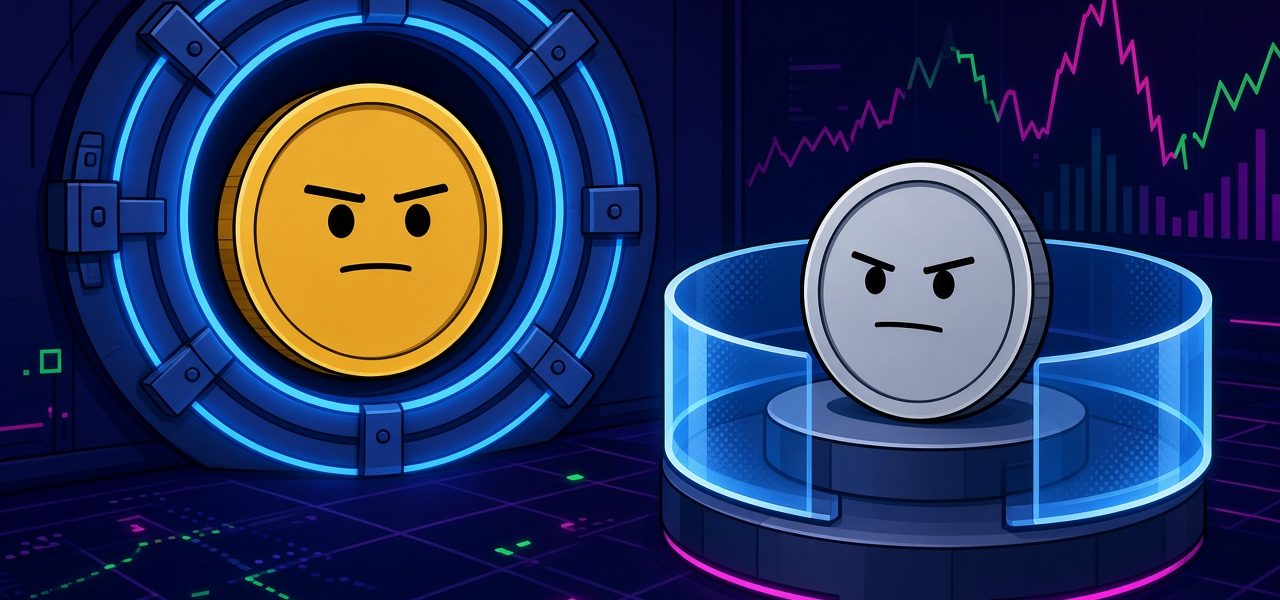 Comic illustration of two coin characters, one inside a vault door and one outside a glass ring, no text