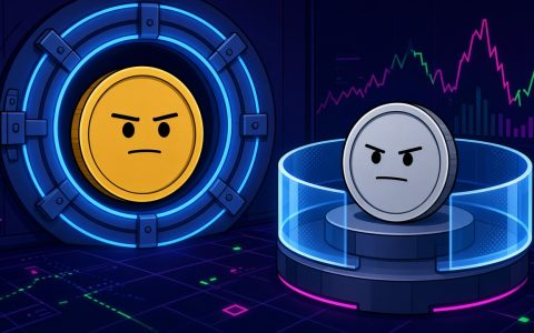 Comic illustration of two coin characters, one inside a vault door and one outside a glass ring, no text