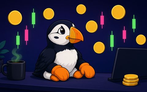 Comic puffin at a news desk with blank coins and mittens