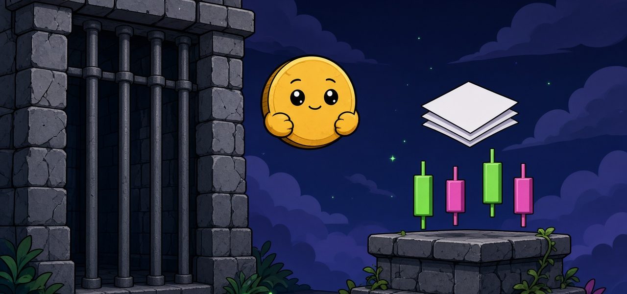 Comic gold coin mascot floating beside a stone gate and candlesticks, with no text