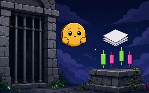 Comic gold coin mascot floating beside a stone gate and candlesticks, with no text