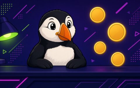 Cartoon puffin at a news desk with blank gold coins