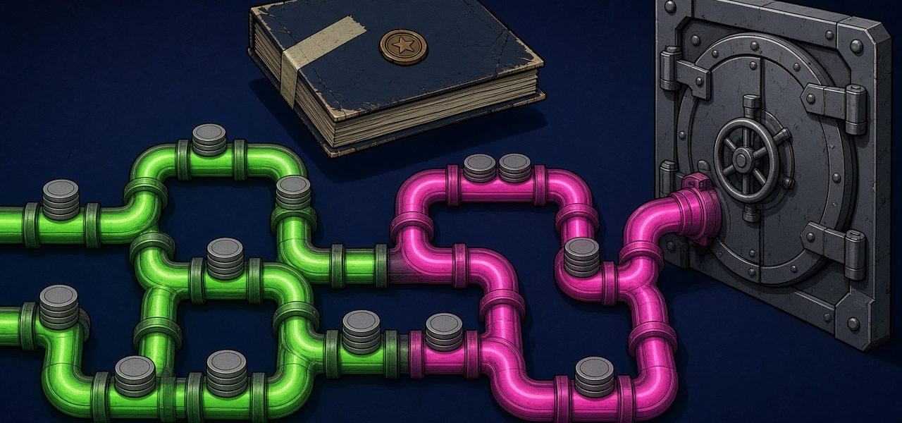 Comic sealed folder and payment pipes ending at a vault, no text