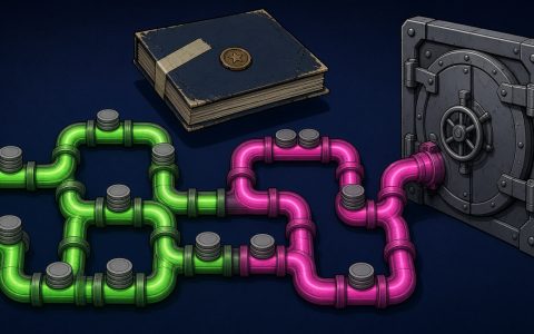 Comic sealed folder and payment pipes ending at a vault, no text