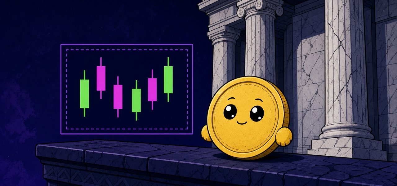 Round gold coin character beside a columned building and boxed candles, no text