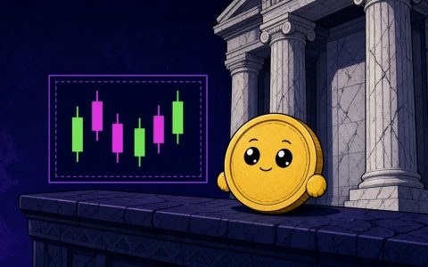 Round gold coin character beside a columned building and boxed candles, no text