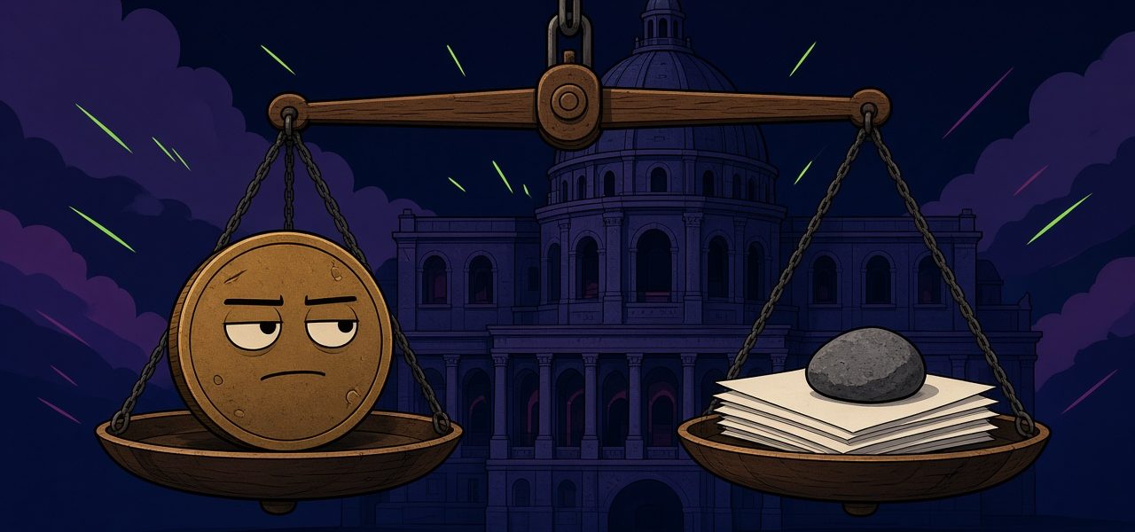 Comic scale with a coin character and blank papers in front of a dark parliament building. No text.