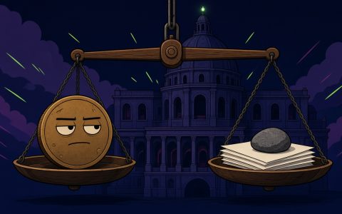 Comic scale with a coin character and blank papers in front of a dark parliament building. No text.