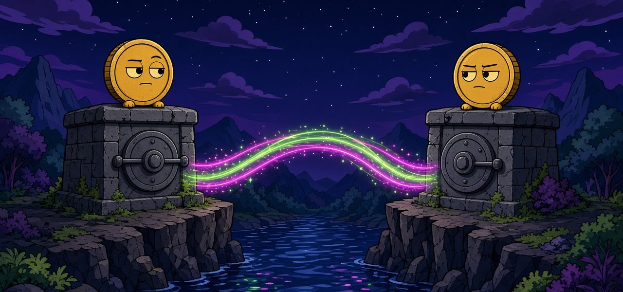 Two coin mascots on separate vaults with a glowing bridge between them