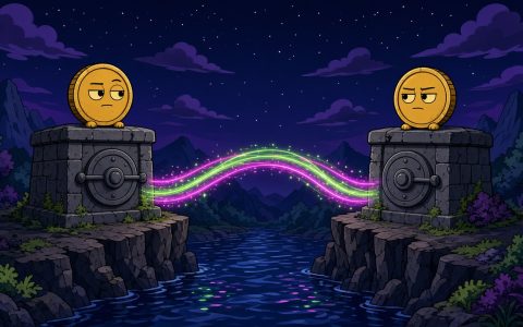 Two coin mascots on separate vaults with a glowing bridge between them