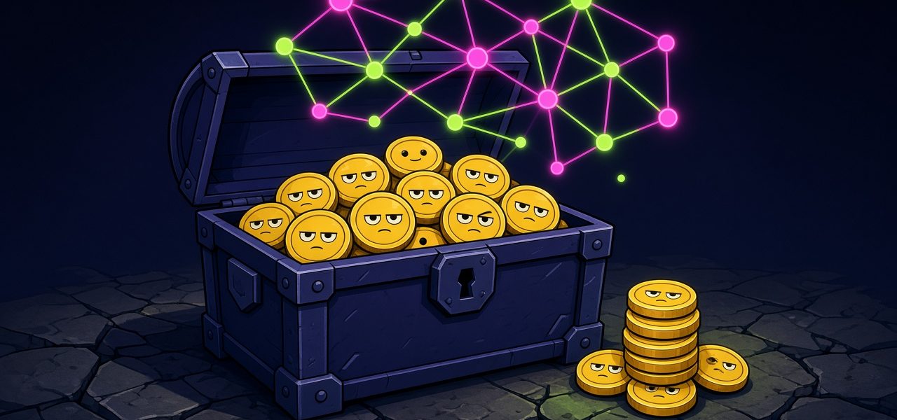 Comic vault of coin characters under a node lattice, no text