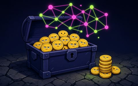 Comic vault of coin characters under a node lattice, no text