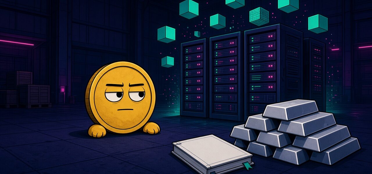 Comic coin mascot beside server racks and metal bars, no text