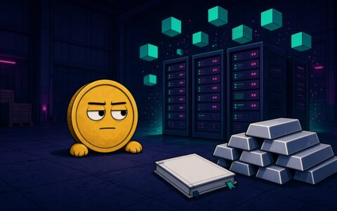 Comic coin mascot beside server racks and metal bars, no text