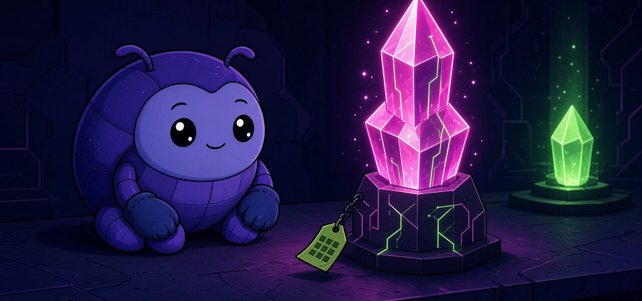Comic beetle mascot beside glowing crystal nodes, no text