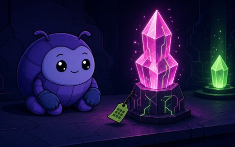 Comic beetle mascot beside glowing crystal nodes, no text