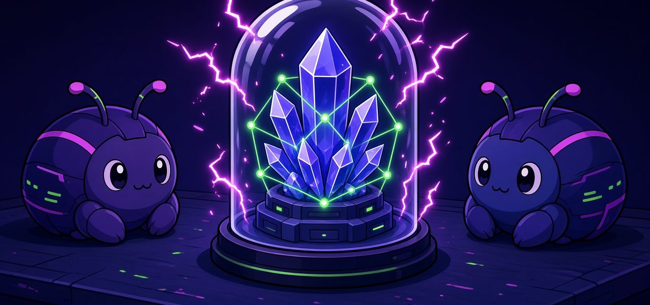 Comic illustration of a crystal node under a glass dome with beetle mascots. AI-generated comic illustration. No text overlay.