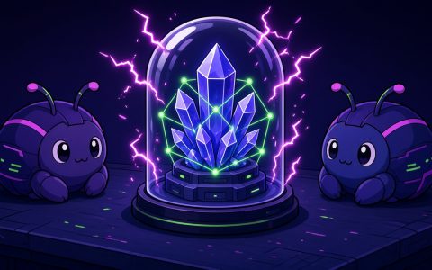 Comic illustration of a crystal node under a glass dome with beetle mascots. AI-generated comic illustration. No text overlay.