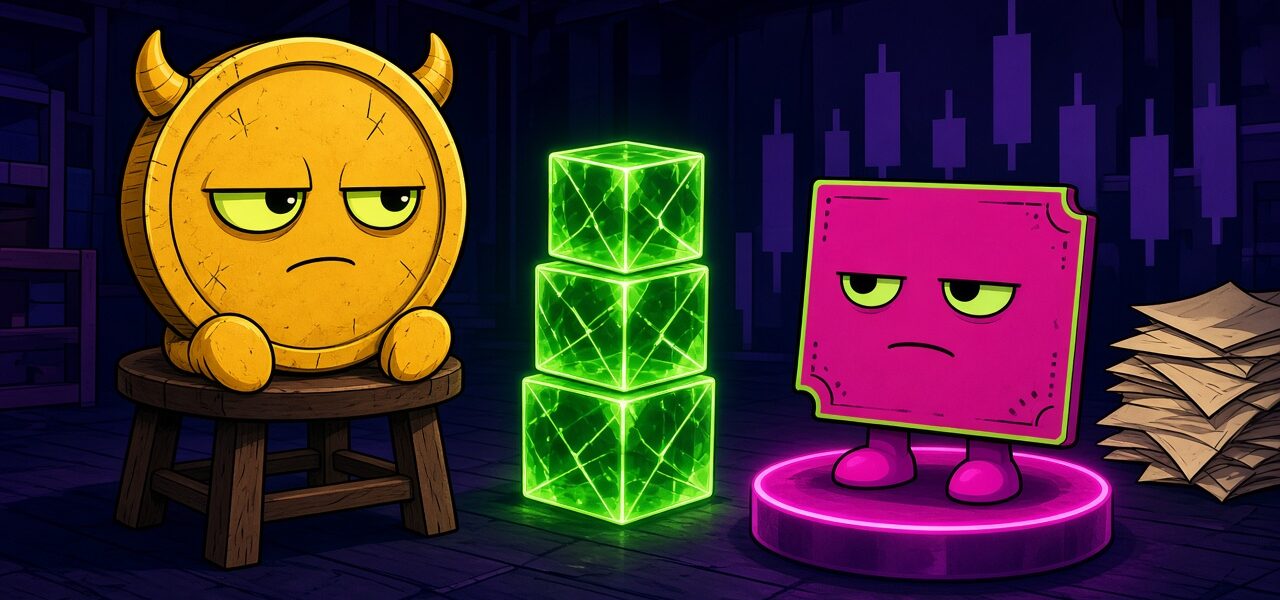Comic coin mascot and ticket stub mascot beside glowing cubes, no text
