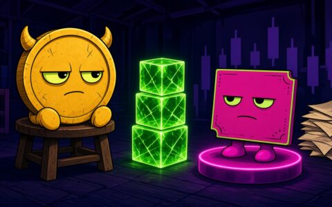 Comic coin mascot and ticket stub mascot beside glowing cubes, no text