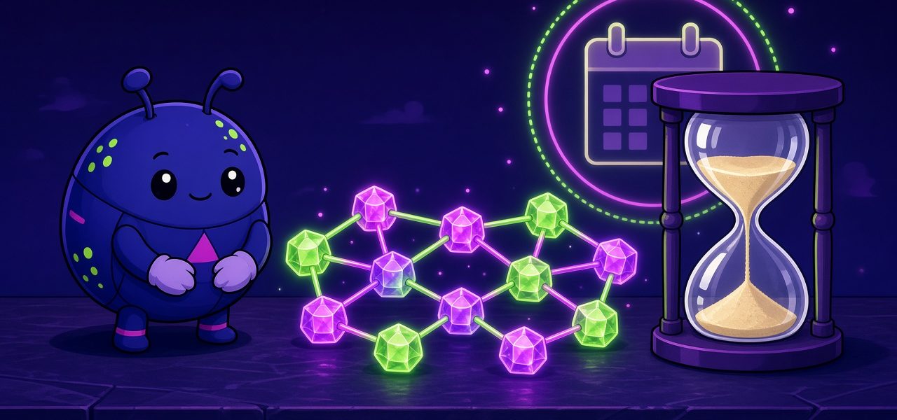 Comic beetle mascot with mittens beside crystal nodes and an hourglass