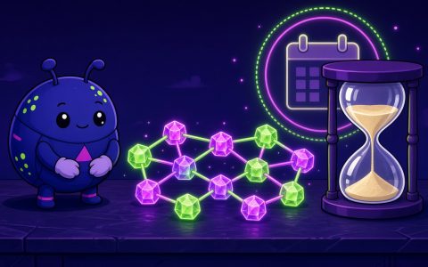 Comic beetle mascot with mittens beside crystal nodes and an hourglass