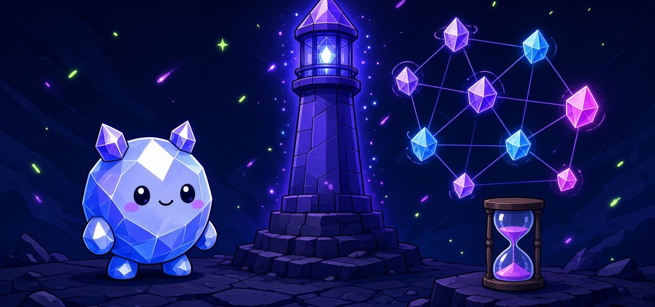 Comic crystal mascot beside a glowing beacon tower and node web, no text